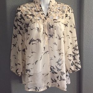 Angie sheer grey and cream cutout top with birds